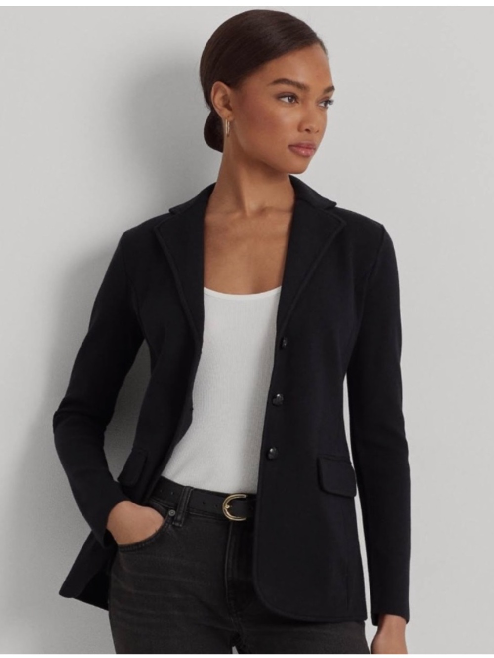 Lauren Ralph Lauren Sweater Blazer L Black Cotton Classic Preppy Office Academia